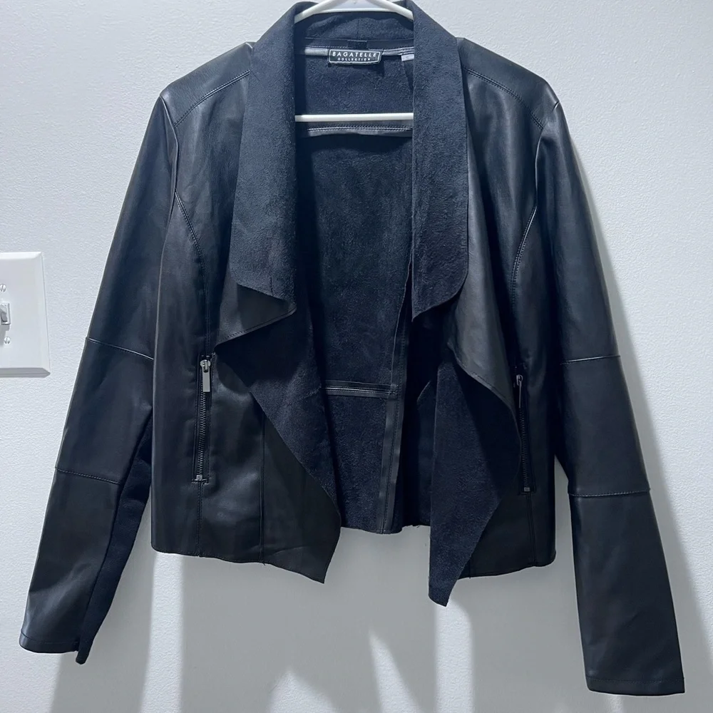 Faux Leather Sophisticated Black Draped Blazer